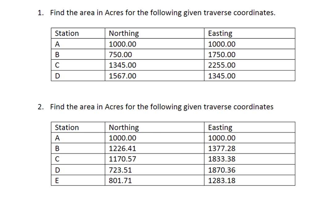 Find the area in Acres for the following given