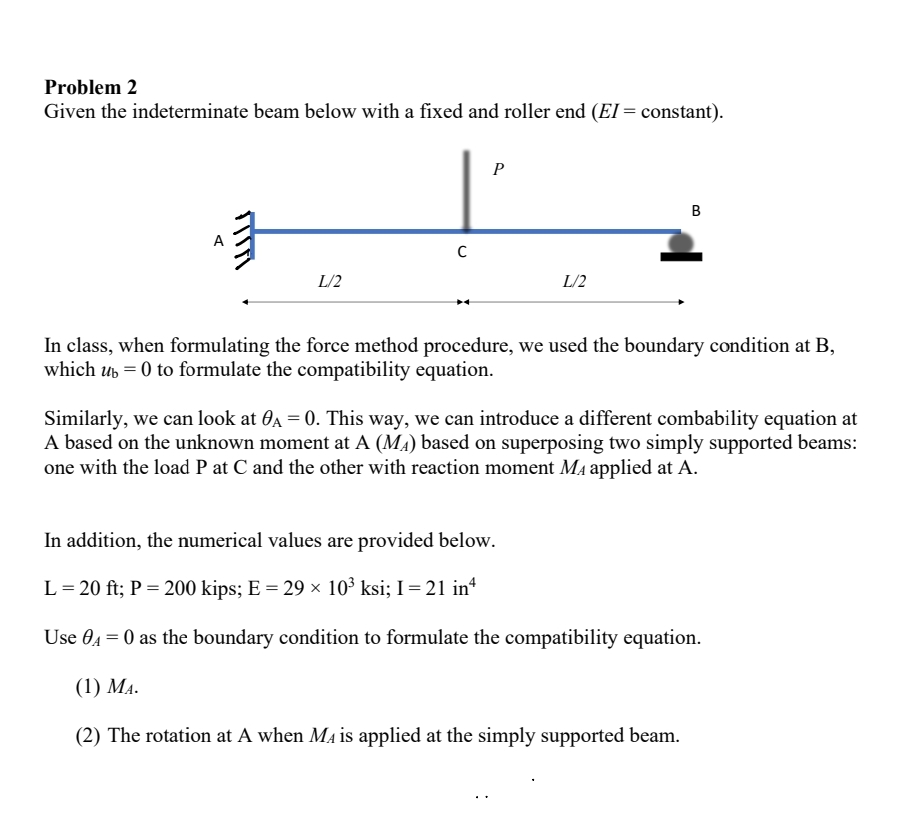 Problem 2 Given the indeterminate beam below with