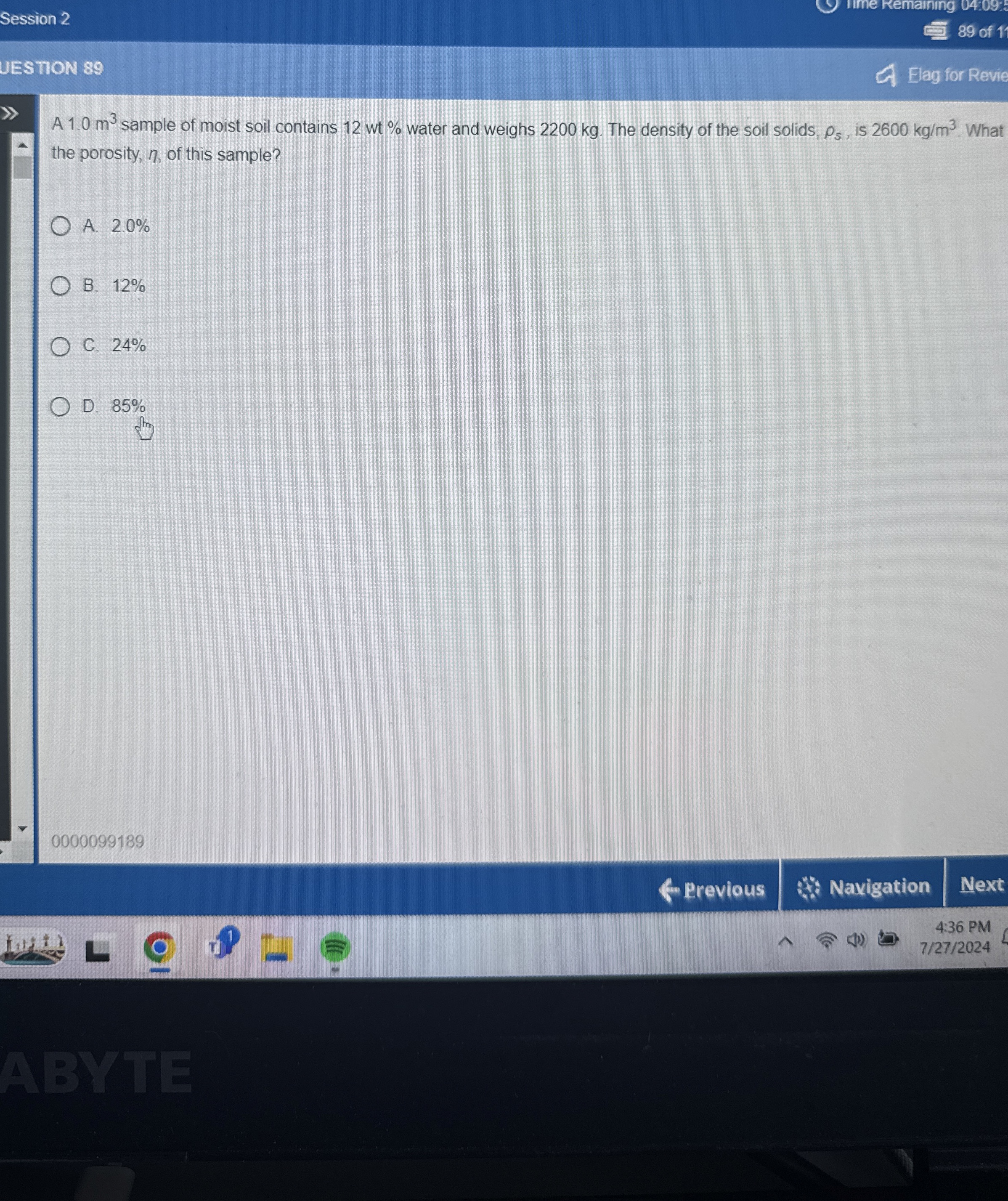 Session 2 IIme remaining 0 4 : 0 9 : UESTION 8 9