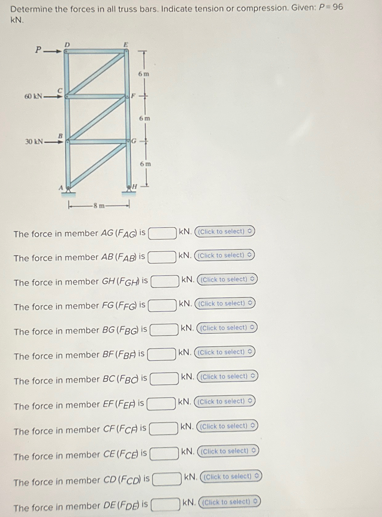 Determine the forces in all truss bars. Indicate