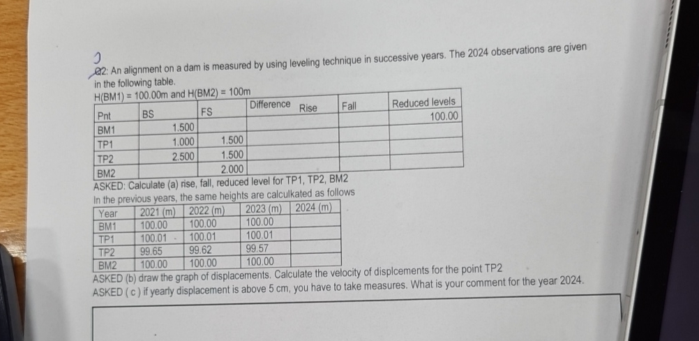 Q 2 : An alignment on a dam is measured by using
