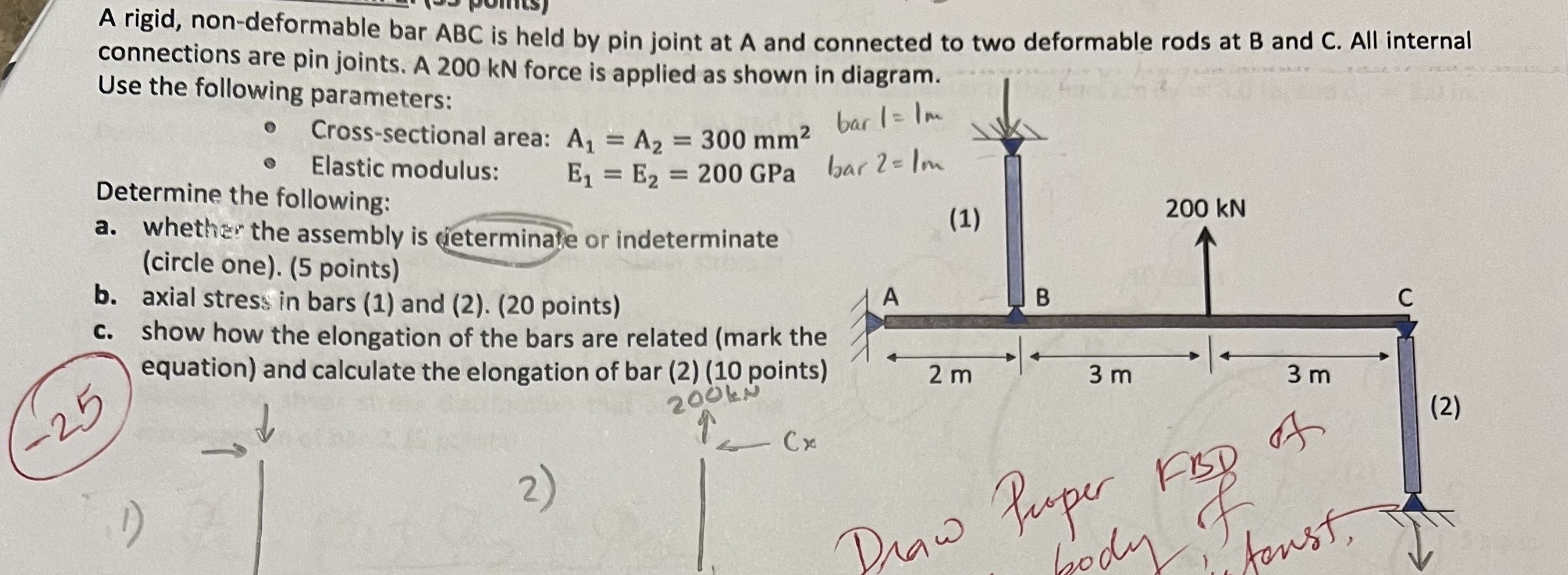 A rigid, non - deformable bar ABC is held by pin