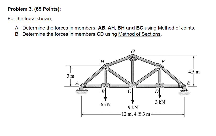 Problem 3 . ( 6 5 Points ) : For the truss shown,