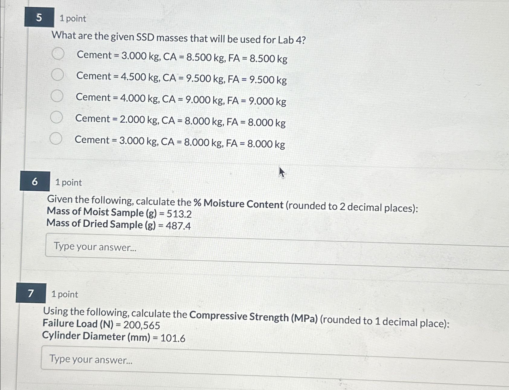 5 1 point What are the given SSD masses that will
