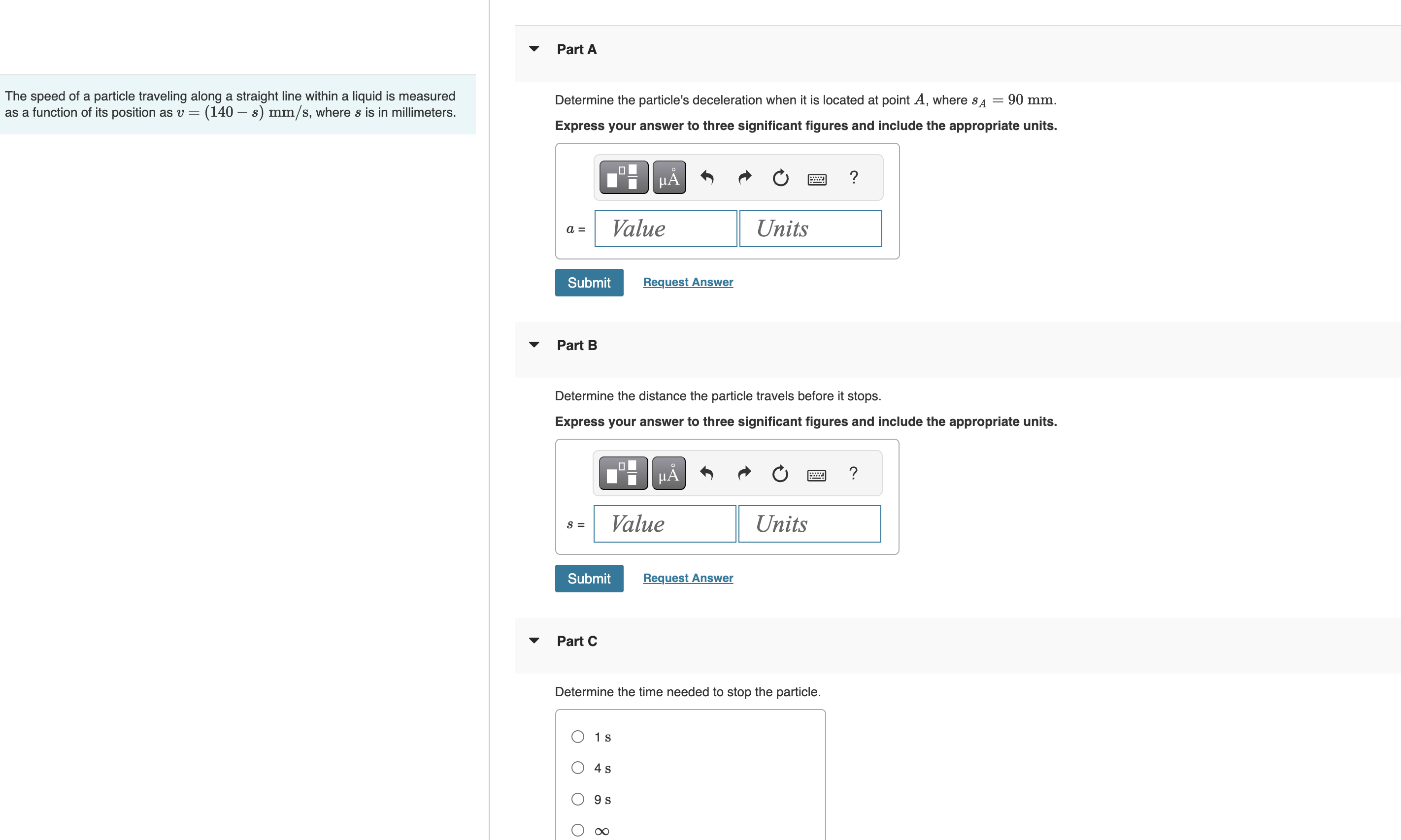 Part A The speed of a particle traveling along a