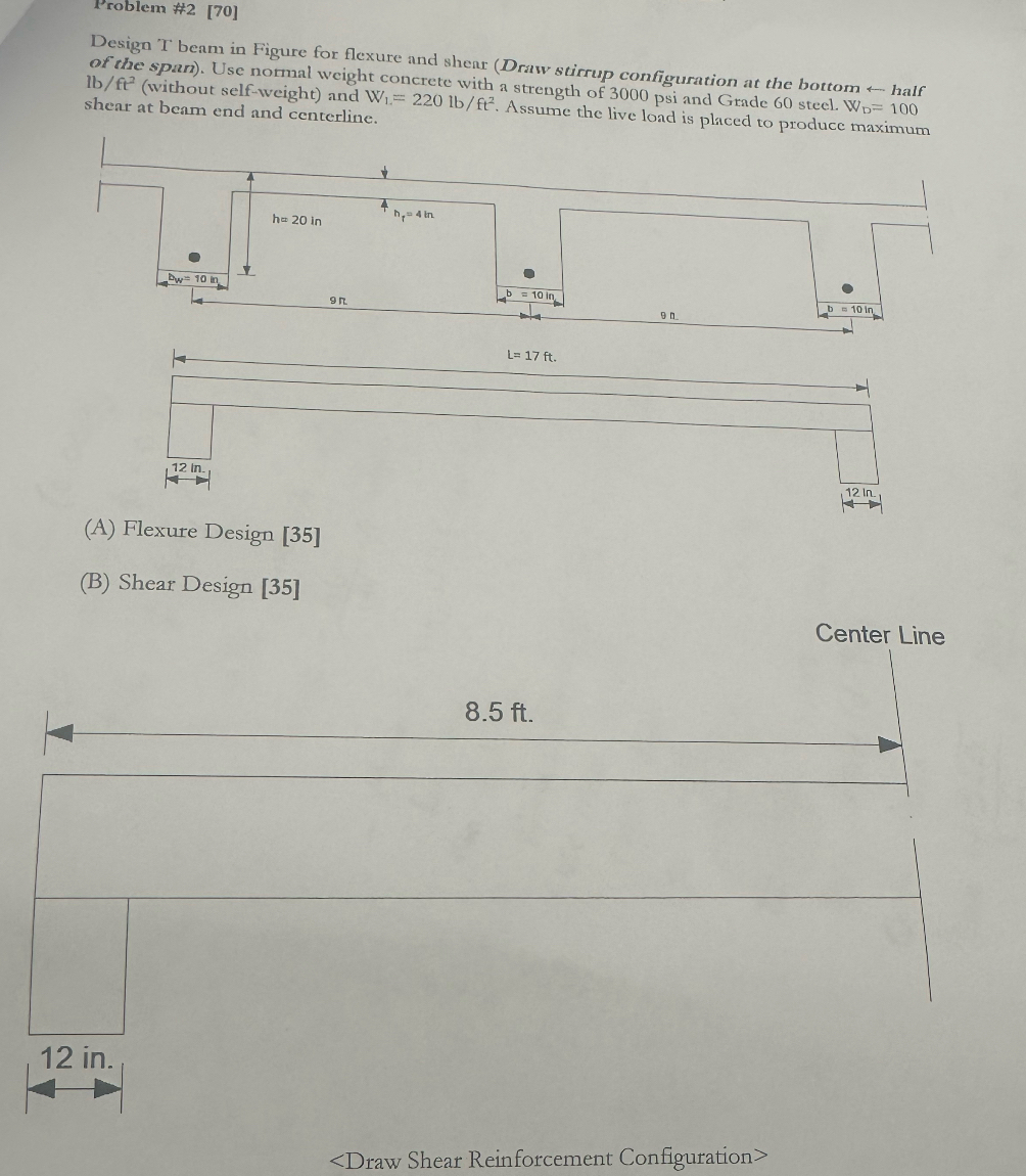 Problem # 2 [ 7 0 ] Design ' T beam in Figure for