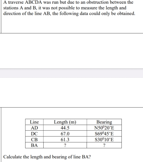 A traverse ABCDA was run but due to an