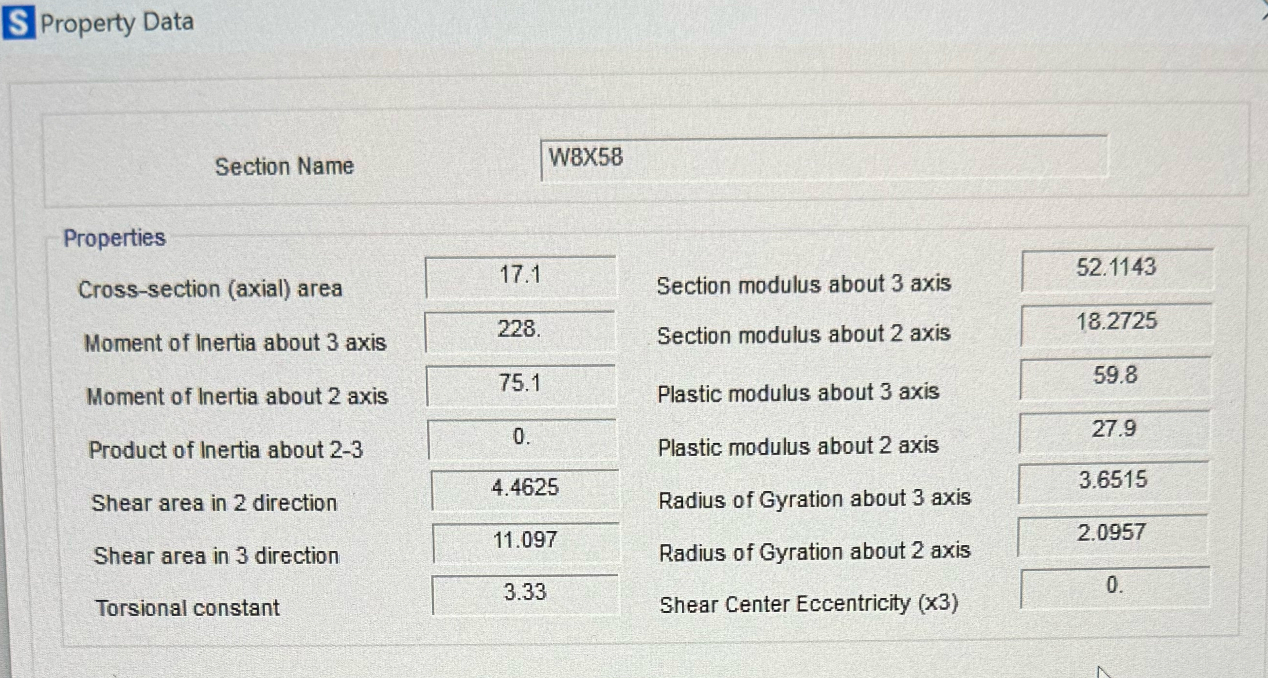 S Property Data Section Name W 8 X 5 8 \ table [