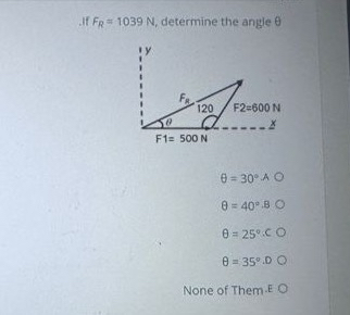 If F R = 1 0 3 9 N , determine the angle = 3 0 *