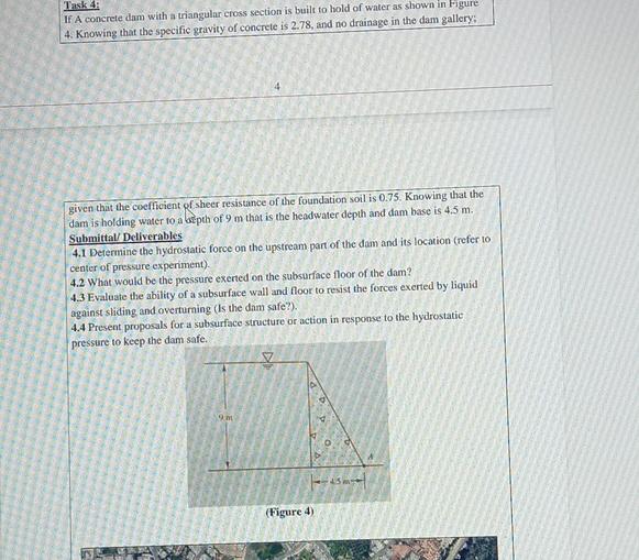 Task 4 : If A concrete dam with a triangular