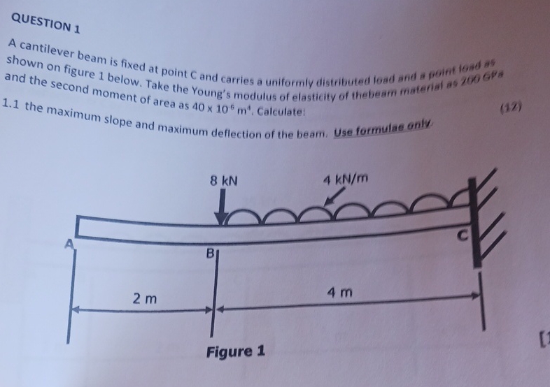 QUESTION 1 A cantilever beam is fixed at point c
