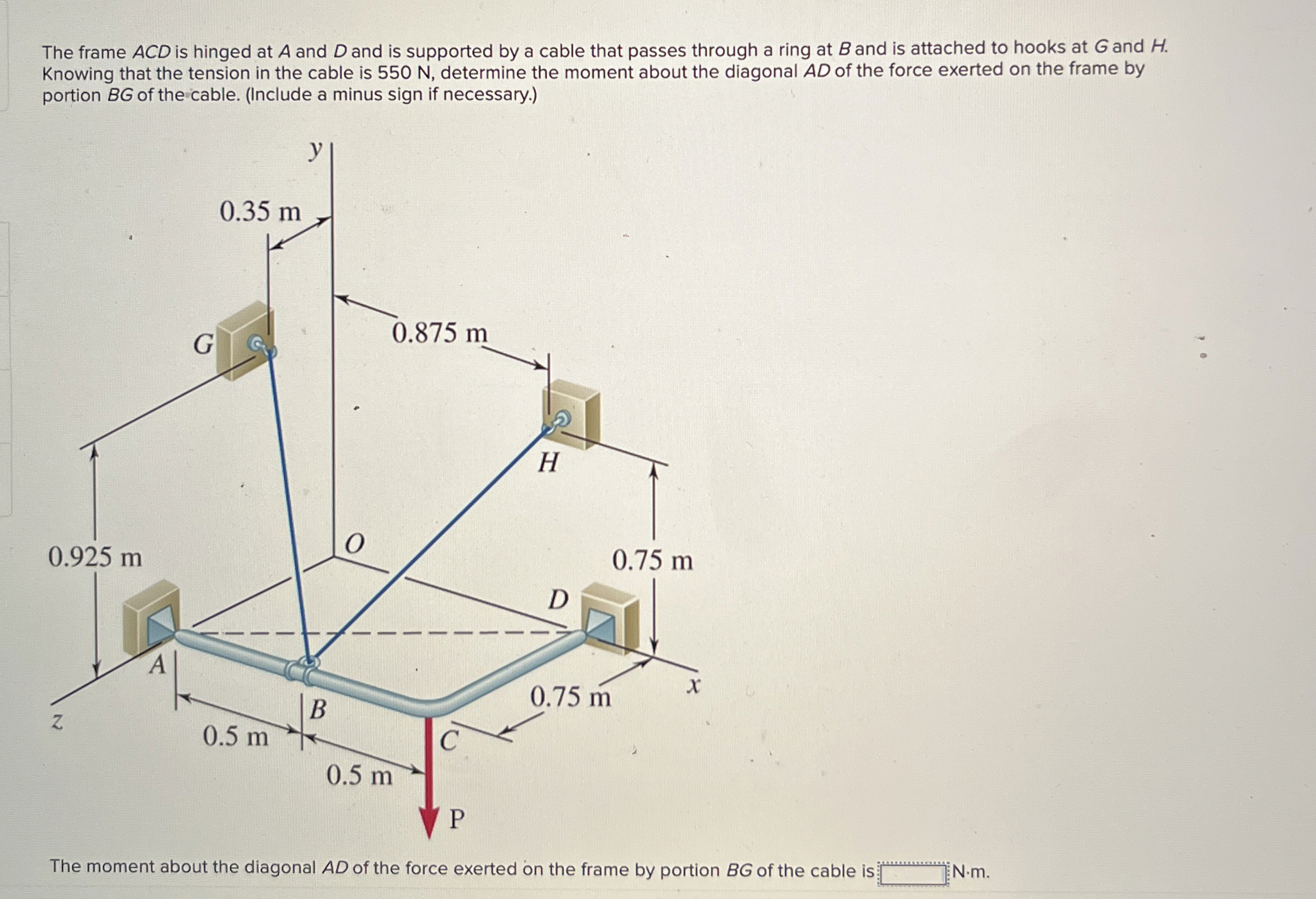The frame ACD is hinged at A and D and is