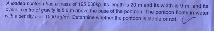 A loaded pontoon has a mass of 1 9 5 0 0 0 kg .