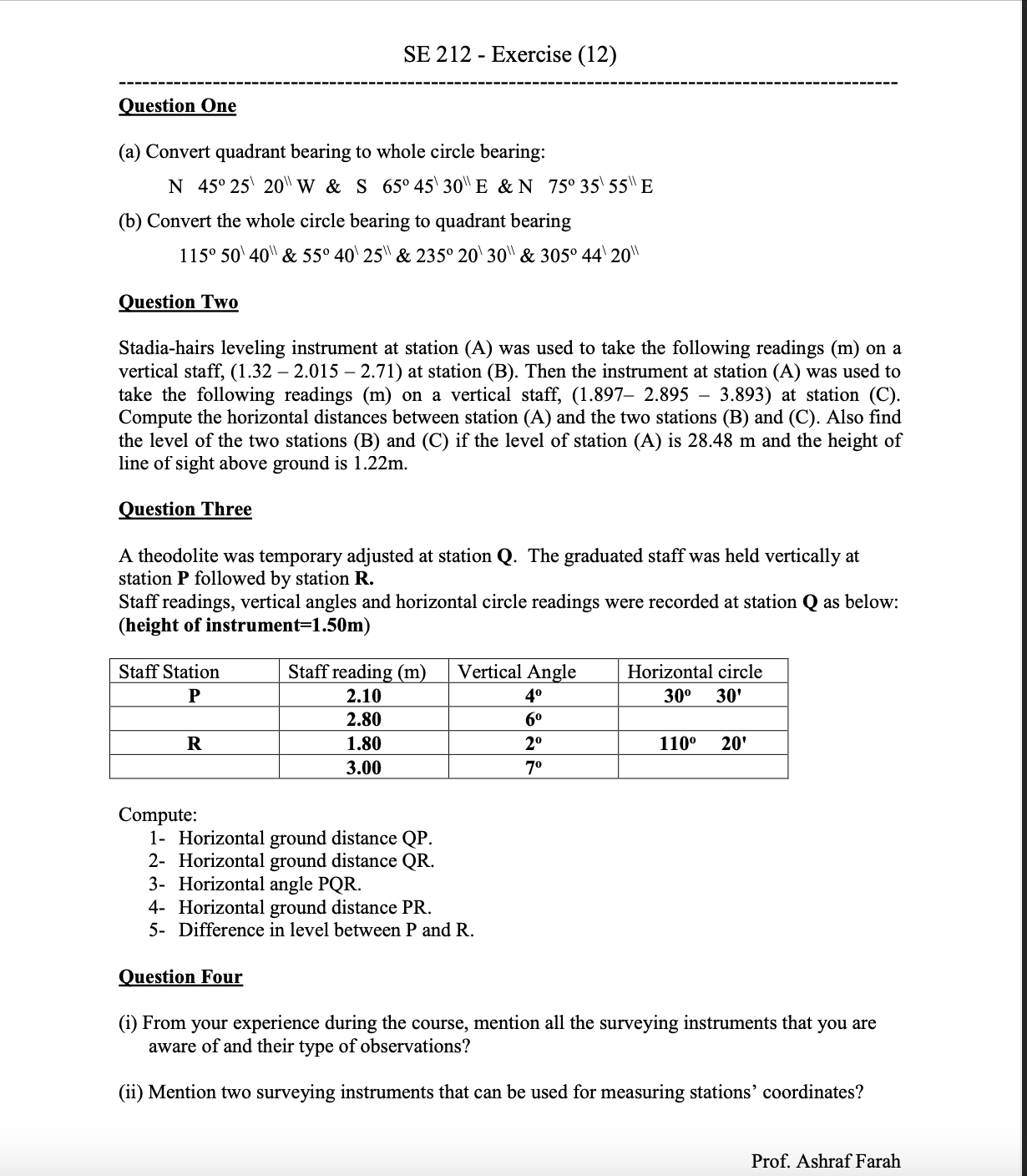 SE 2 1 2 - Exercise ( 1 2 ) Question One ( a )
