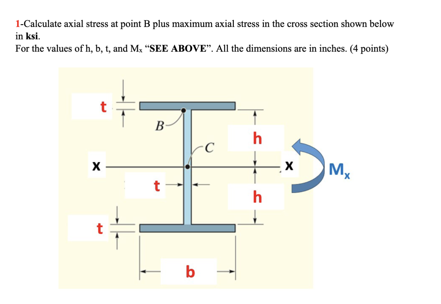 t = 1 in , b = 7 . 5 in , h = 6 in , Mx = 1 7
