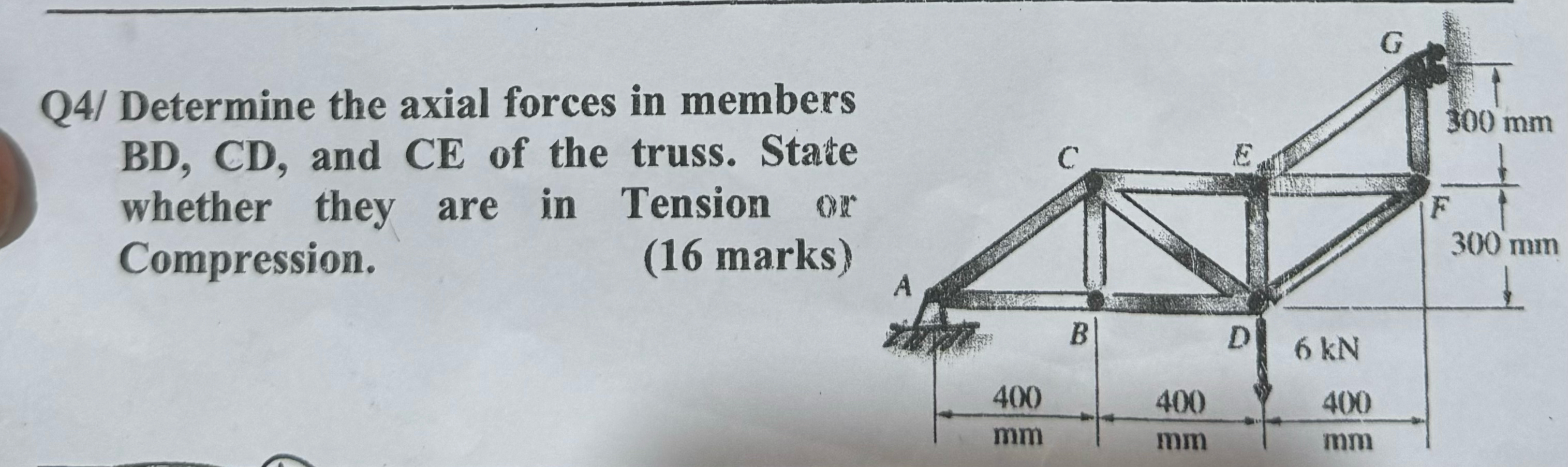 Q 4 / Determine the axial forces in members BD ,