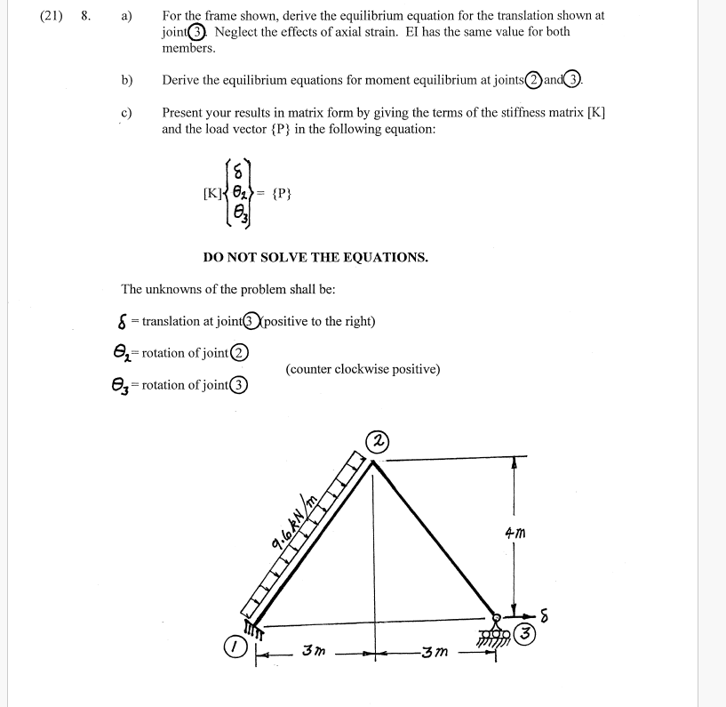 ( 2 1 ) 8 . a ) For the frame shown, derive the