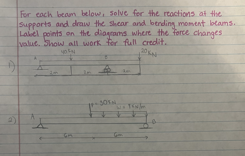 For each beam below, solve for the reactions at