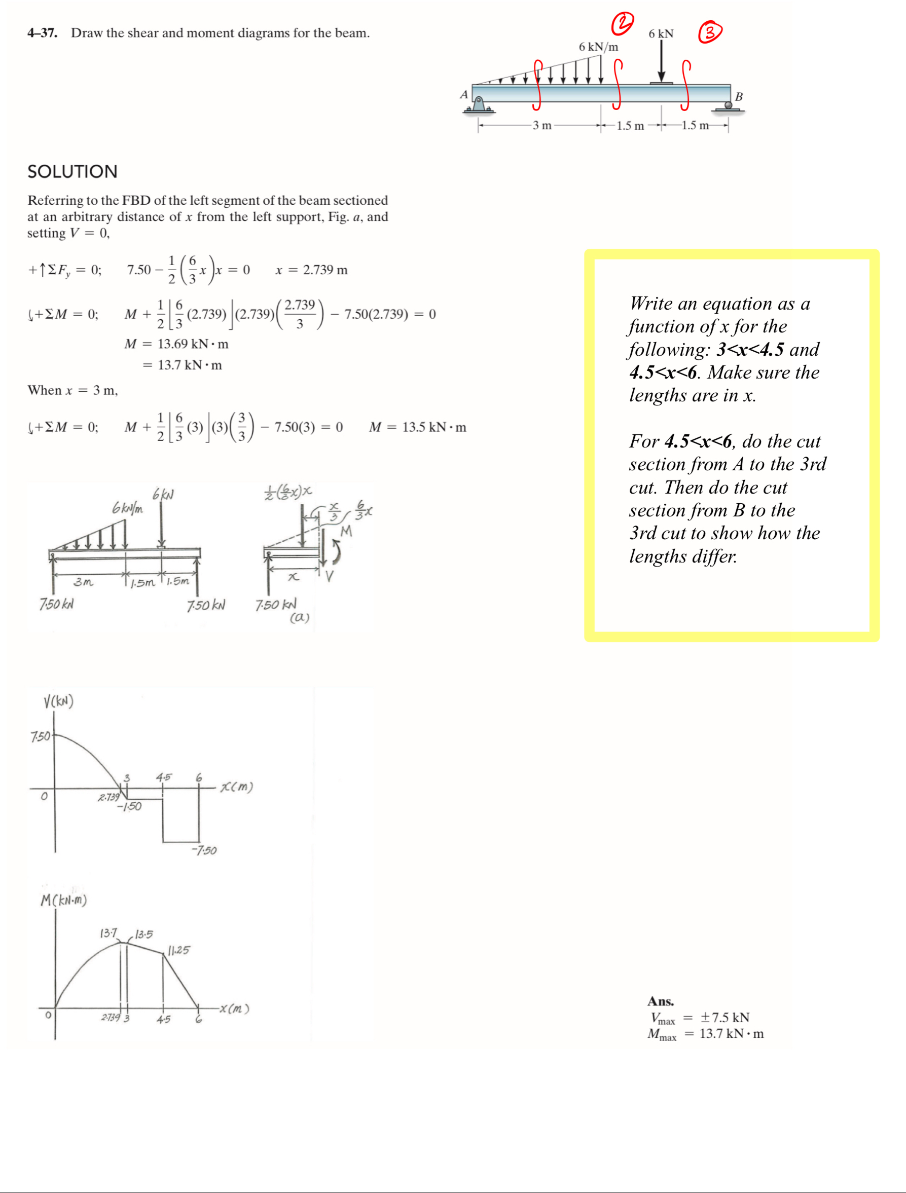 4 - 3 7 . Draw the shear and moment diagrams for
