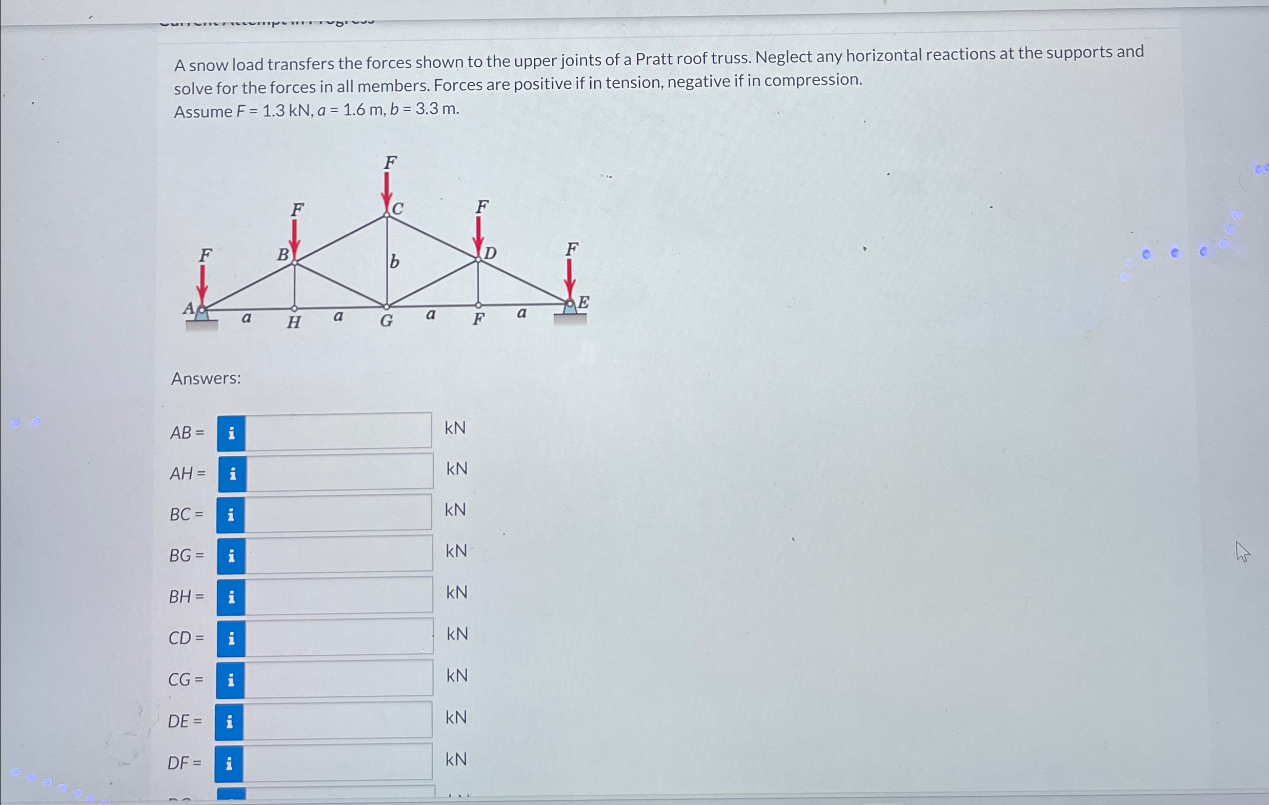 A snow load transfers the forces shown to the
