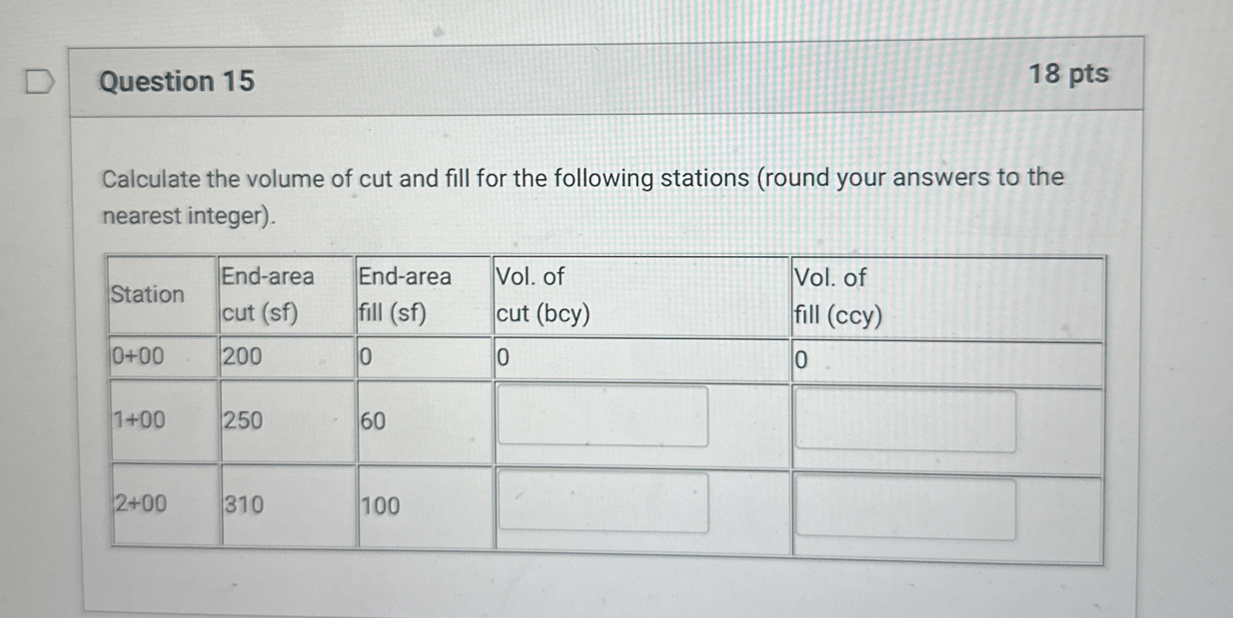 Question 1 5 1 8 pts Calculate the volume of cut