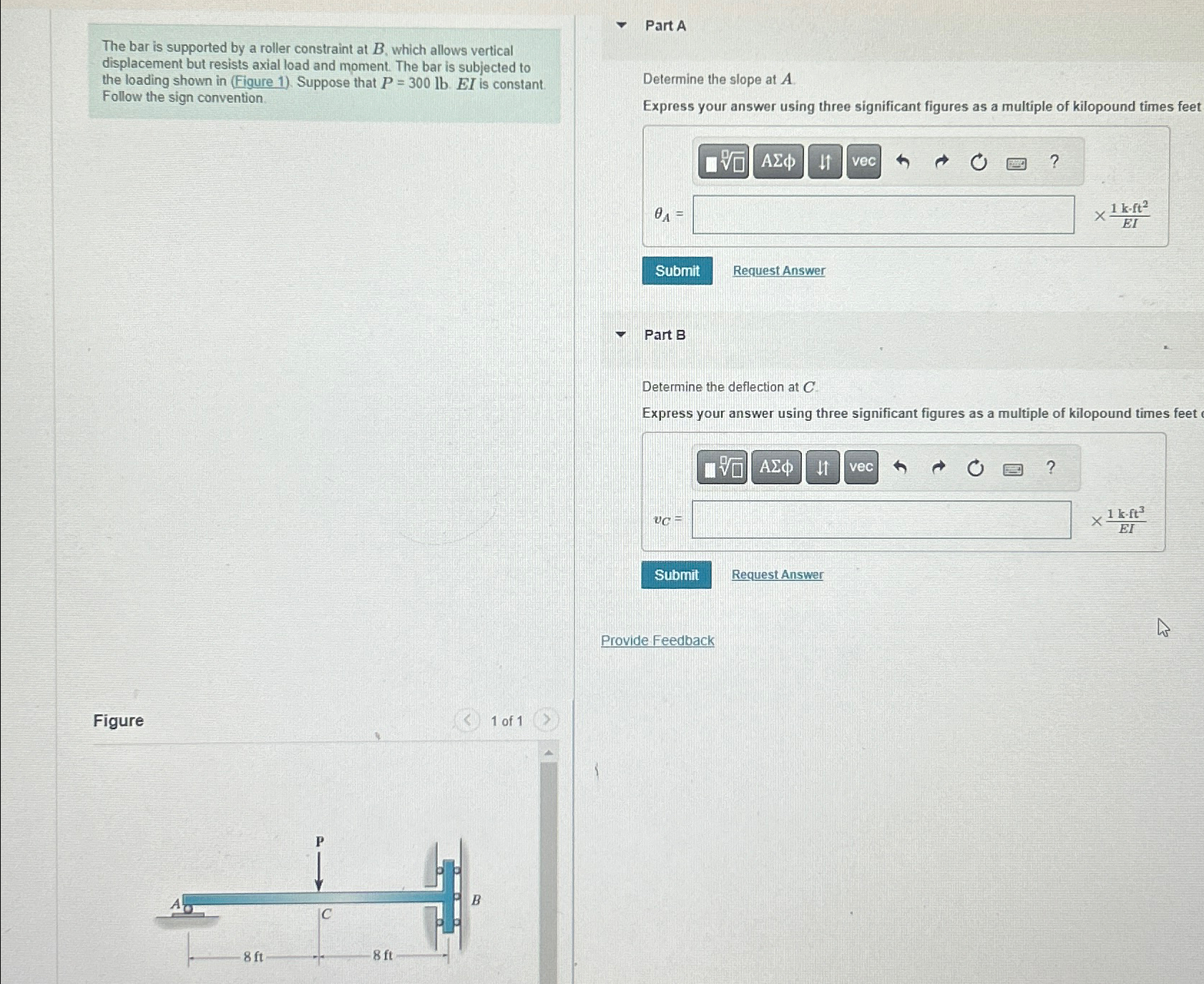 The bar is supported by a roller constraint at B