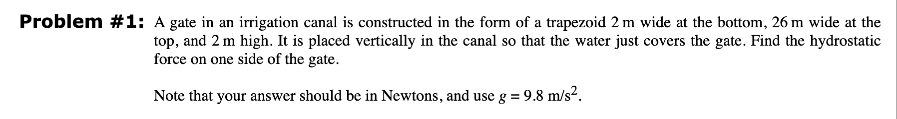 Problem # 1 : A gate in an irrigation canal is