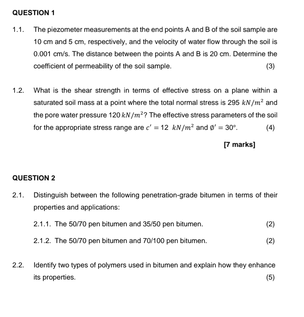 QUESTION 1 1 . 1 . The piezometer measurements at
