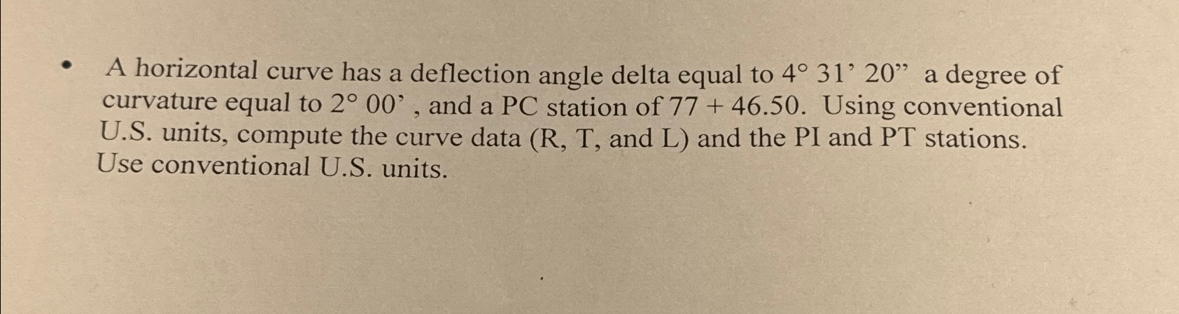 A horizontal curve has a deflection angle delta