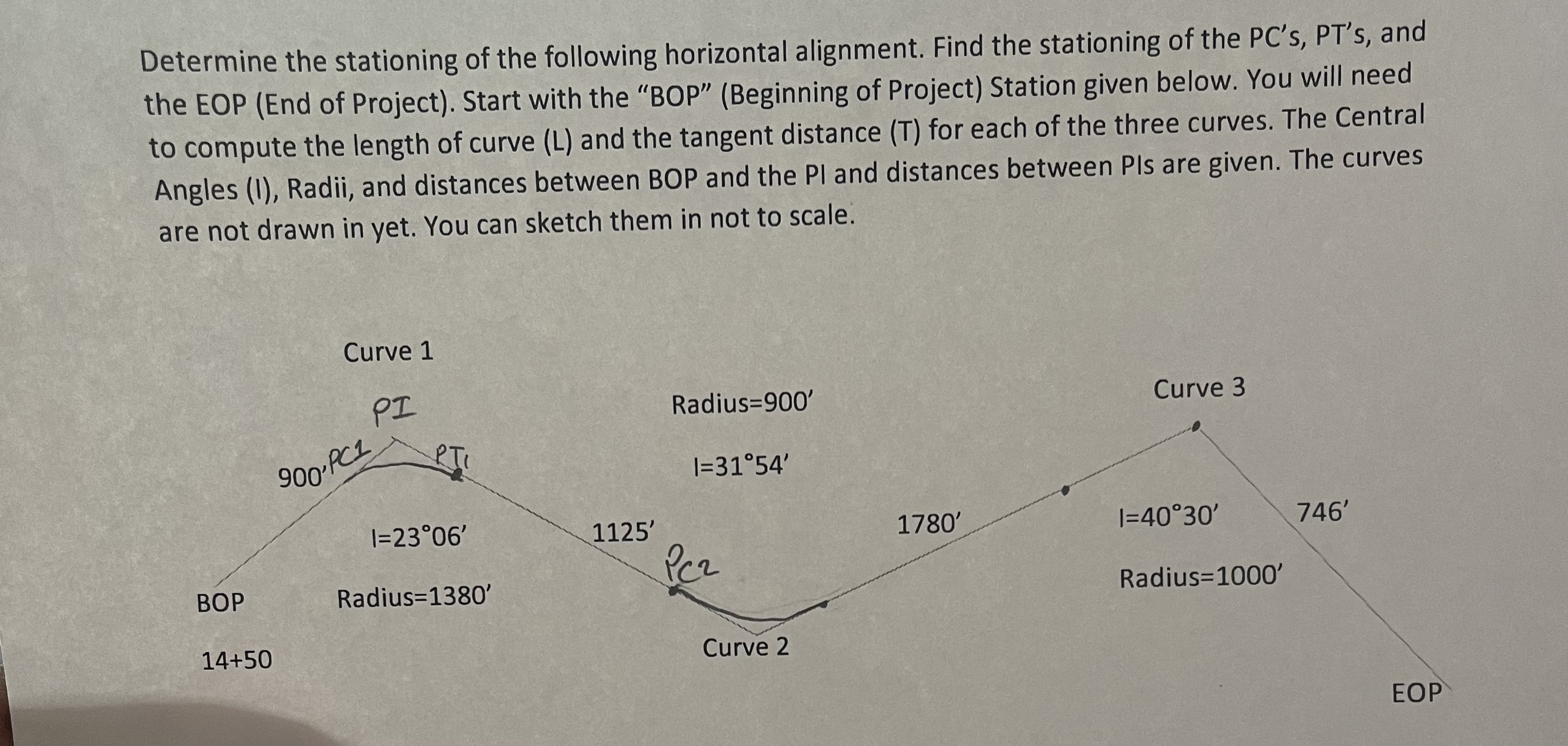 Determine the stationing of the following