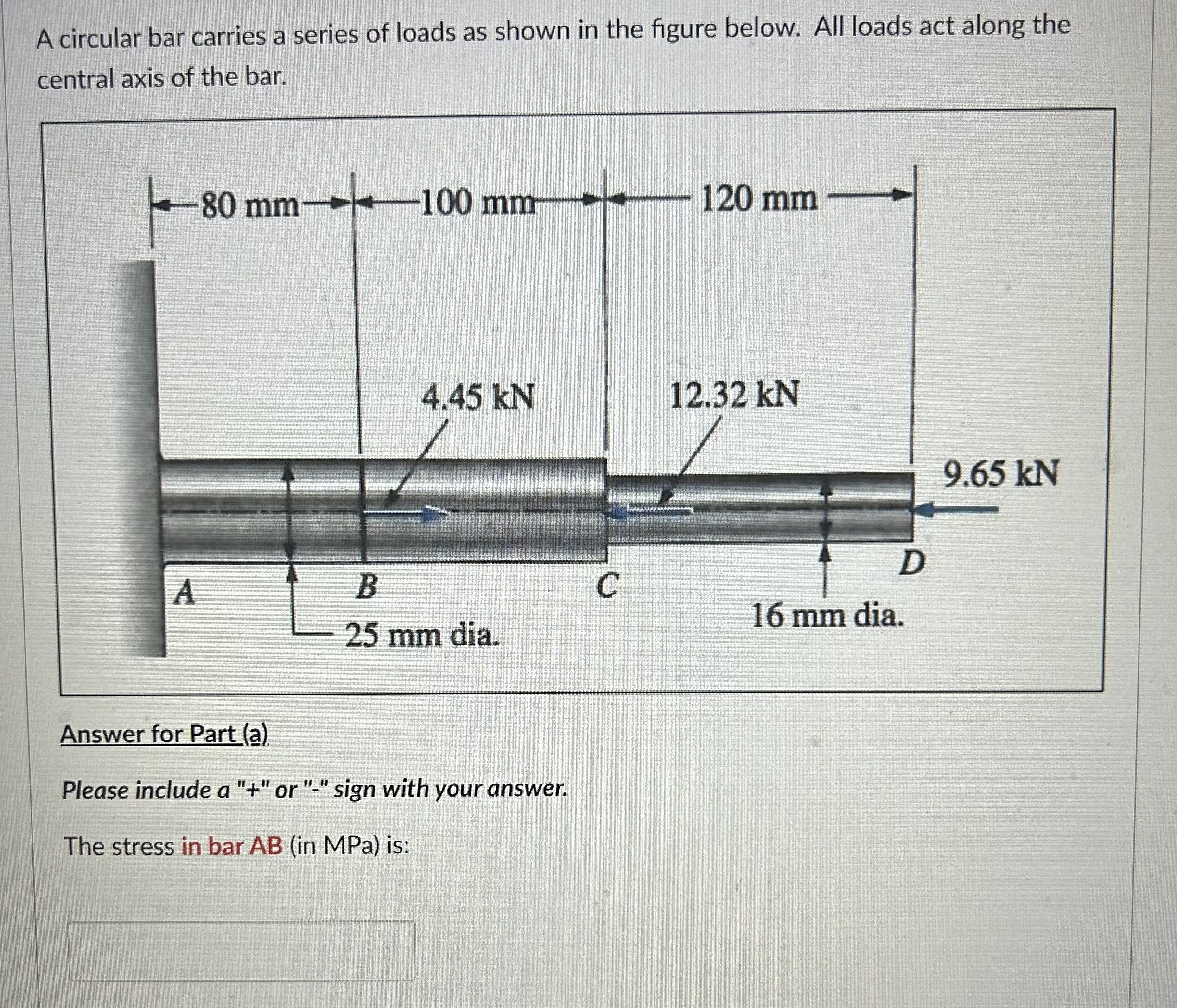 A circular bar carries a series of loads as shown