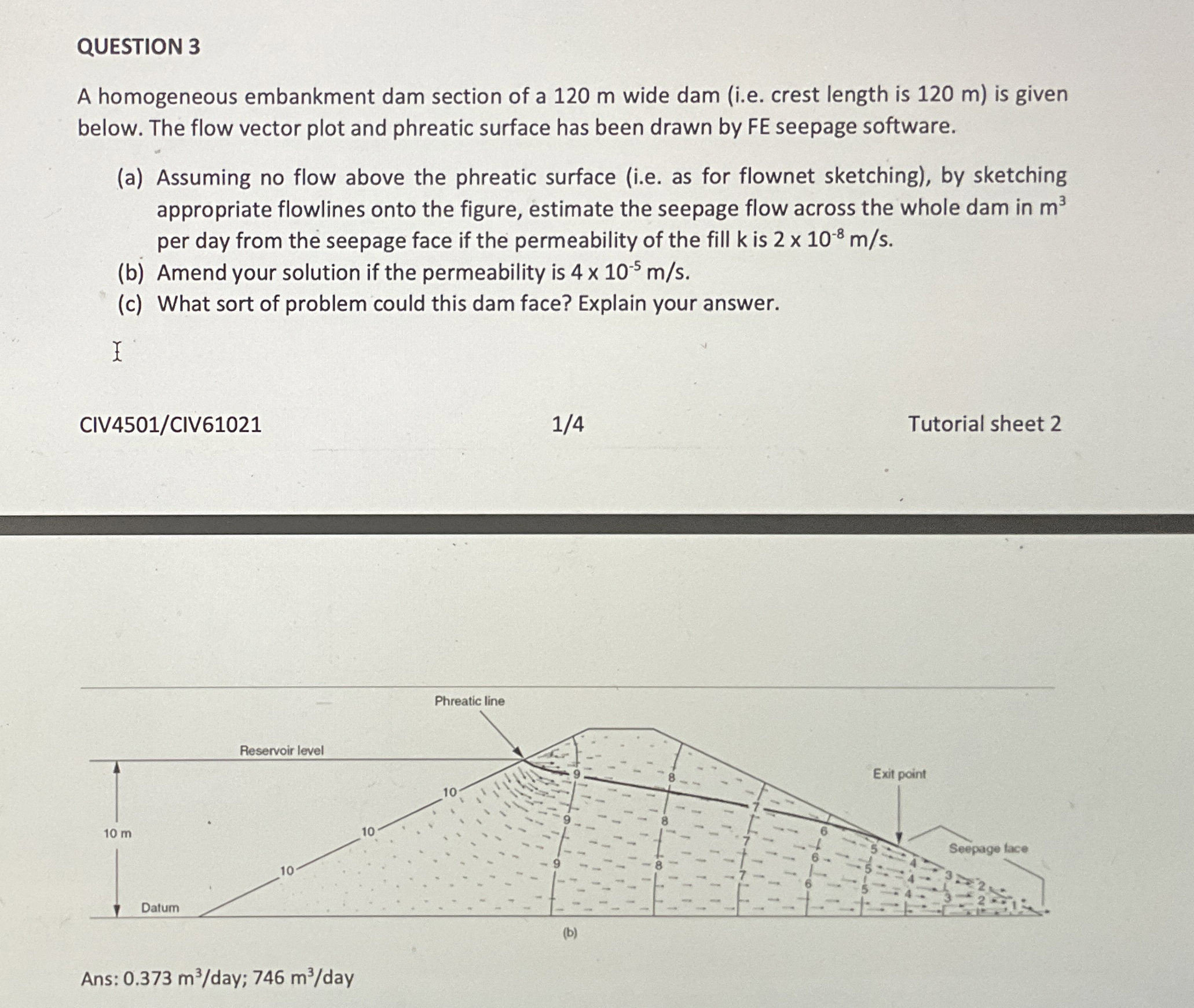 QUESTION 3 A homogeneous embankment dam section