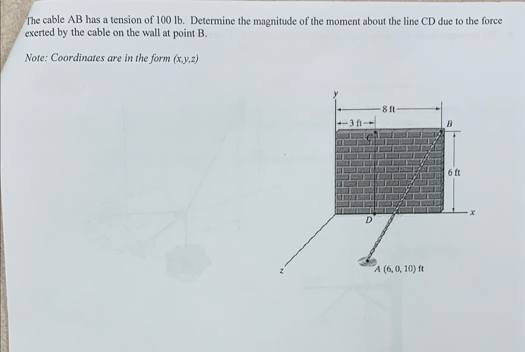 The cable A B has a tension of 1 0 0 l b .