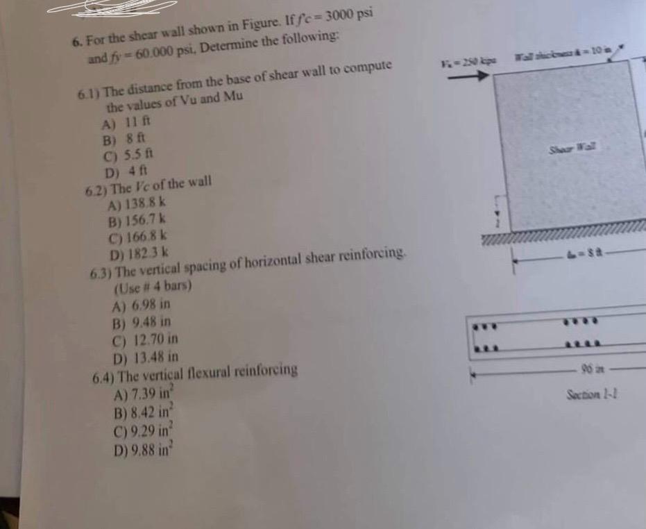 For the shear wall shown in Figure. If f ' c = 3