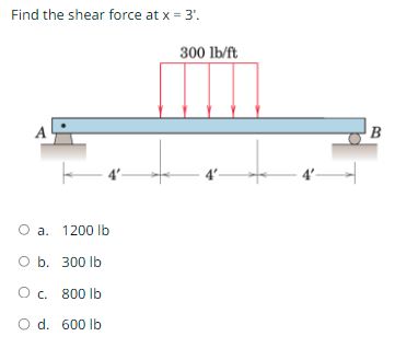 Find the shear force at x = 3 ' . a . 1 2 0 0 l b