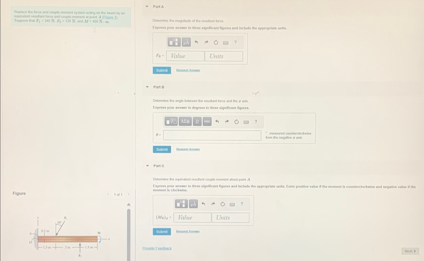 Replace the force and couple moment system acting