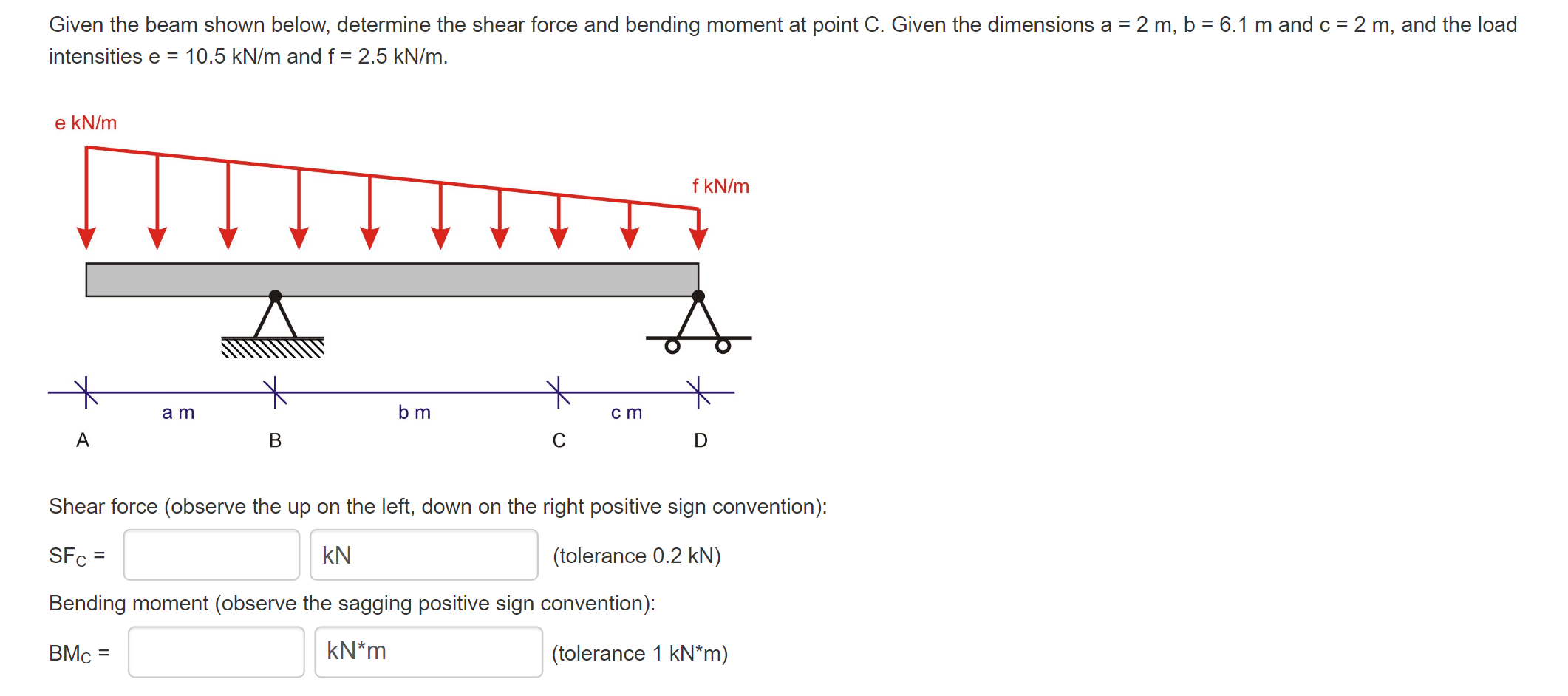 Given the beam shown below, determine the shear