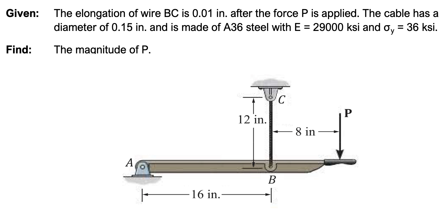 Given: The elongation of wire B C is 0 . 0 1 in .