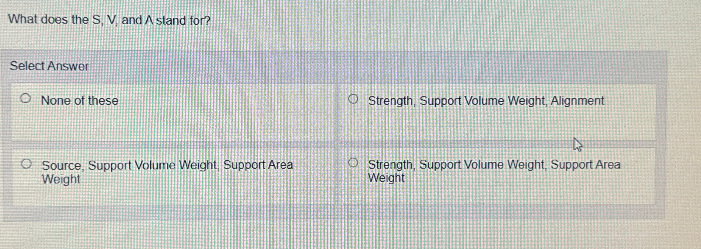 What does the S , V , and A stand for? Select