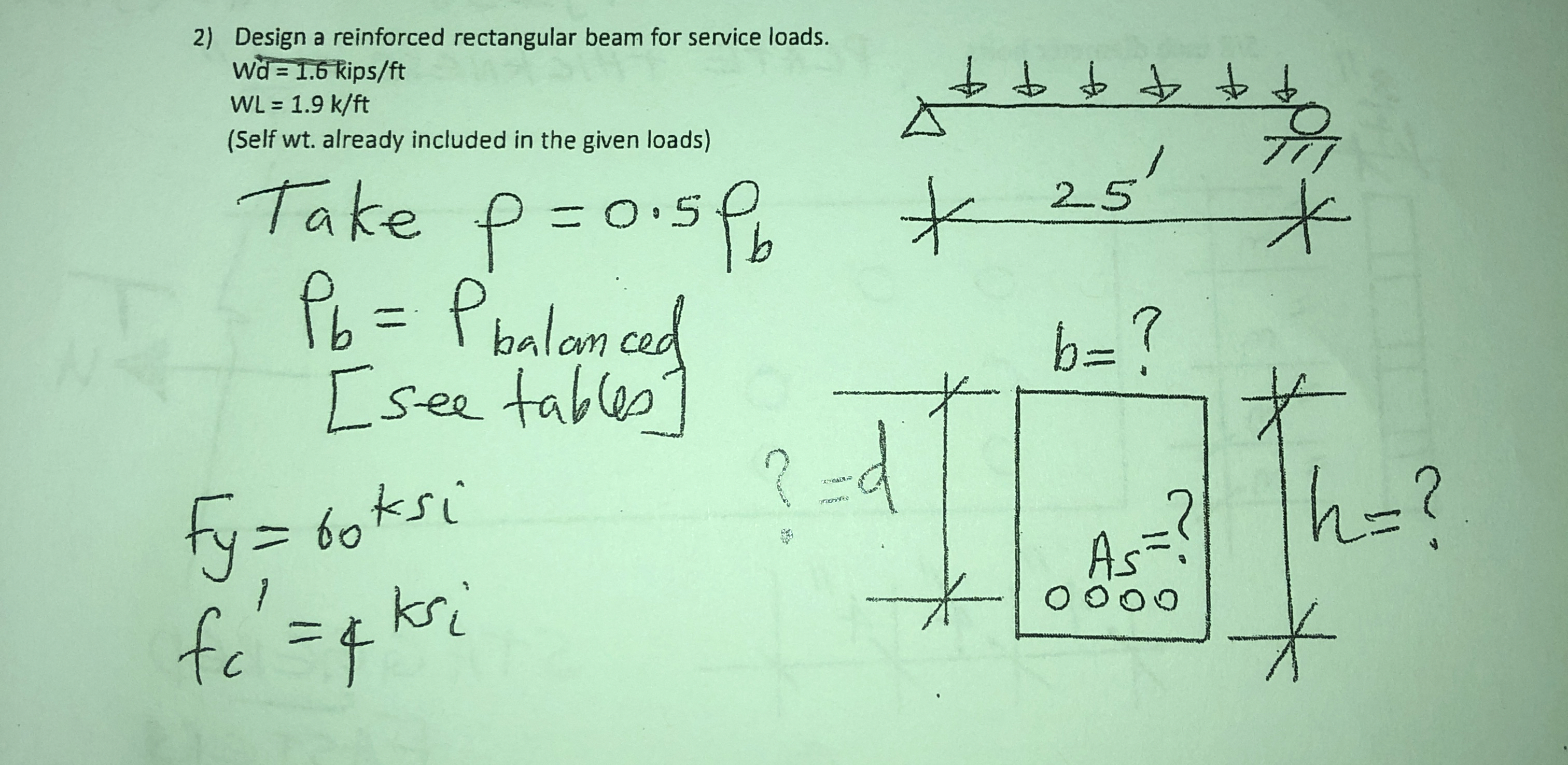 Design a reinforced rectangular beam for service
