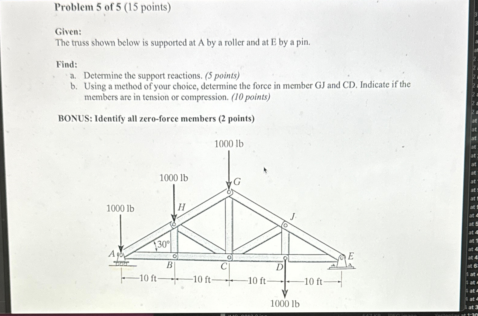 Problem 5 of 5 ( 1 5 points ) Given: The truss