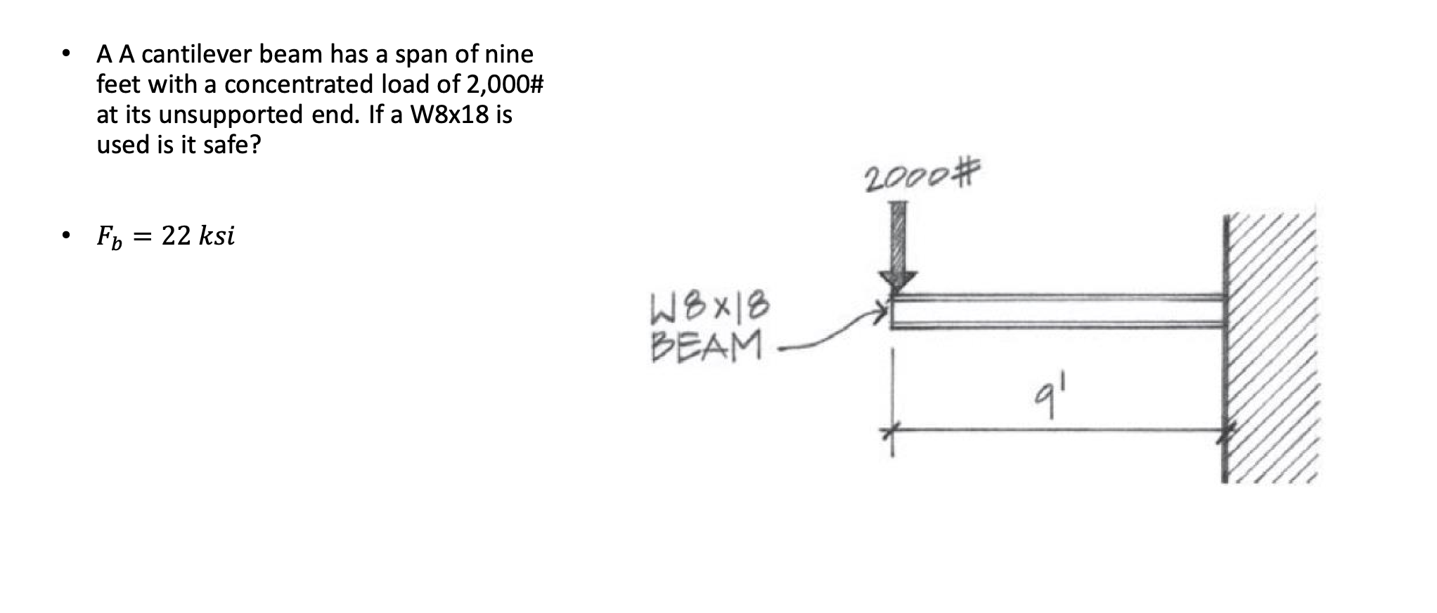 A A cantilever beam has a span of nine feet with