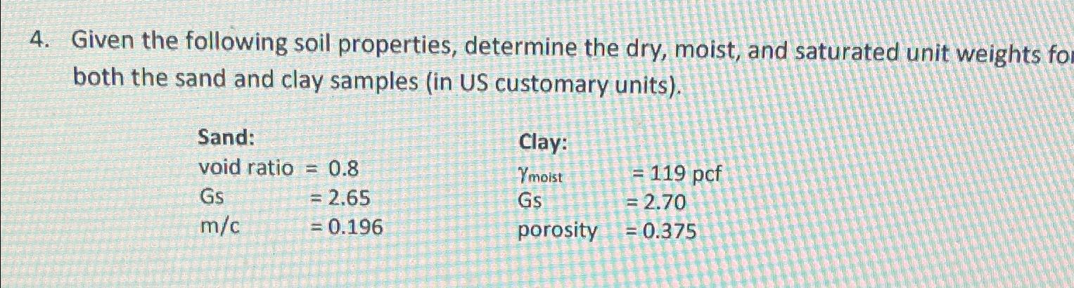 Given the following soil properties, determine