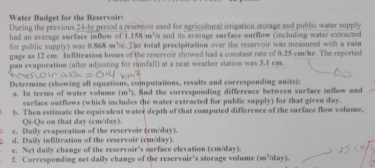 Water Budget for the Reservoir: During the