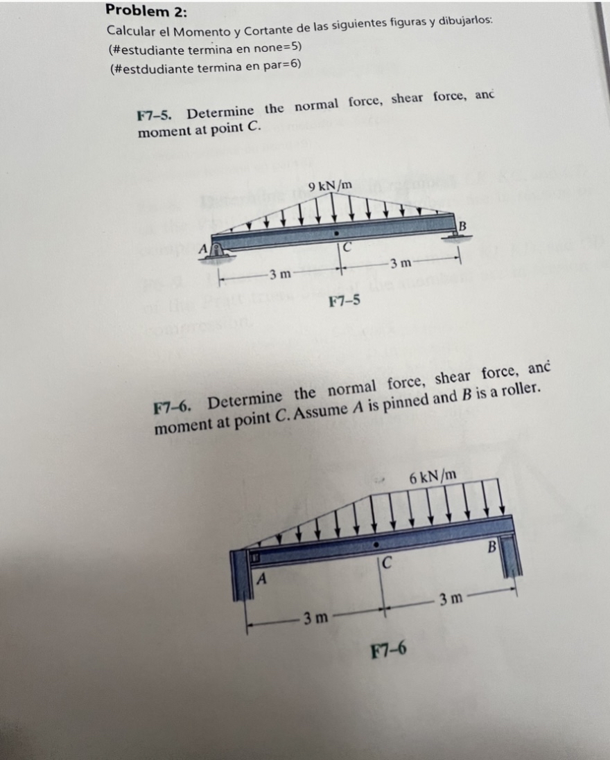 Problem 2 : Calcular el Momento y Cortante de las