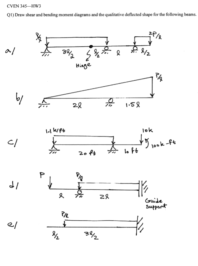 CVEN 3 4 5 - HW 3 Q 1 ) Draw shear and bending