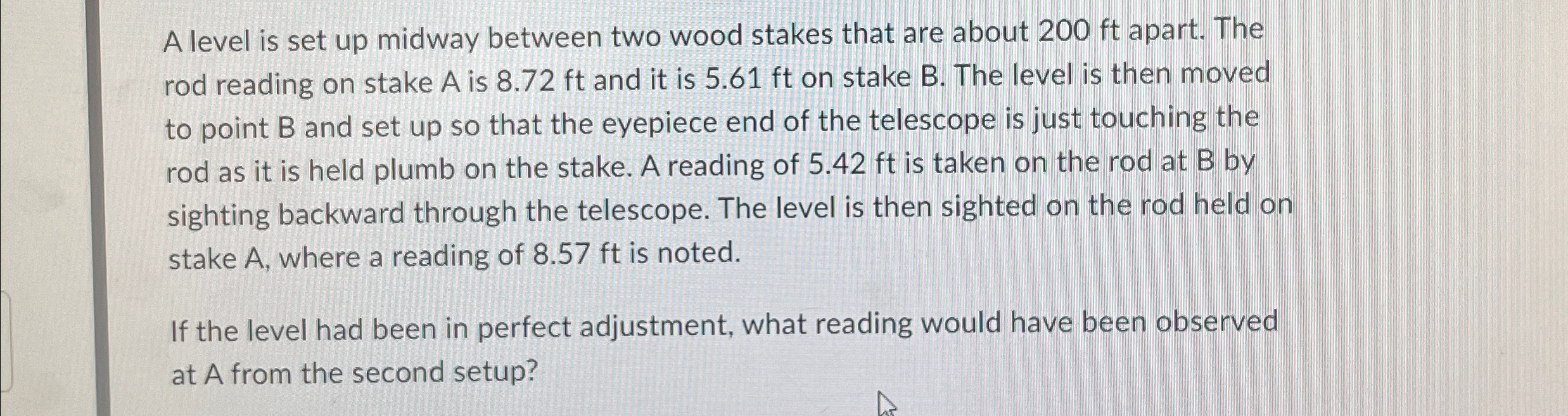 A level is set up midway between two wood stakes