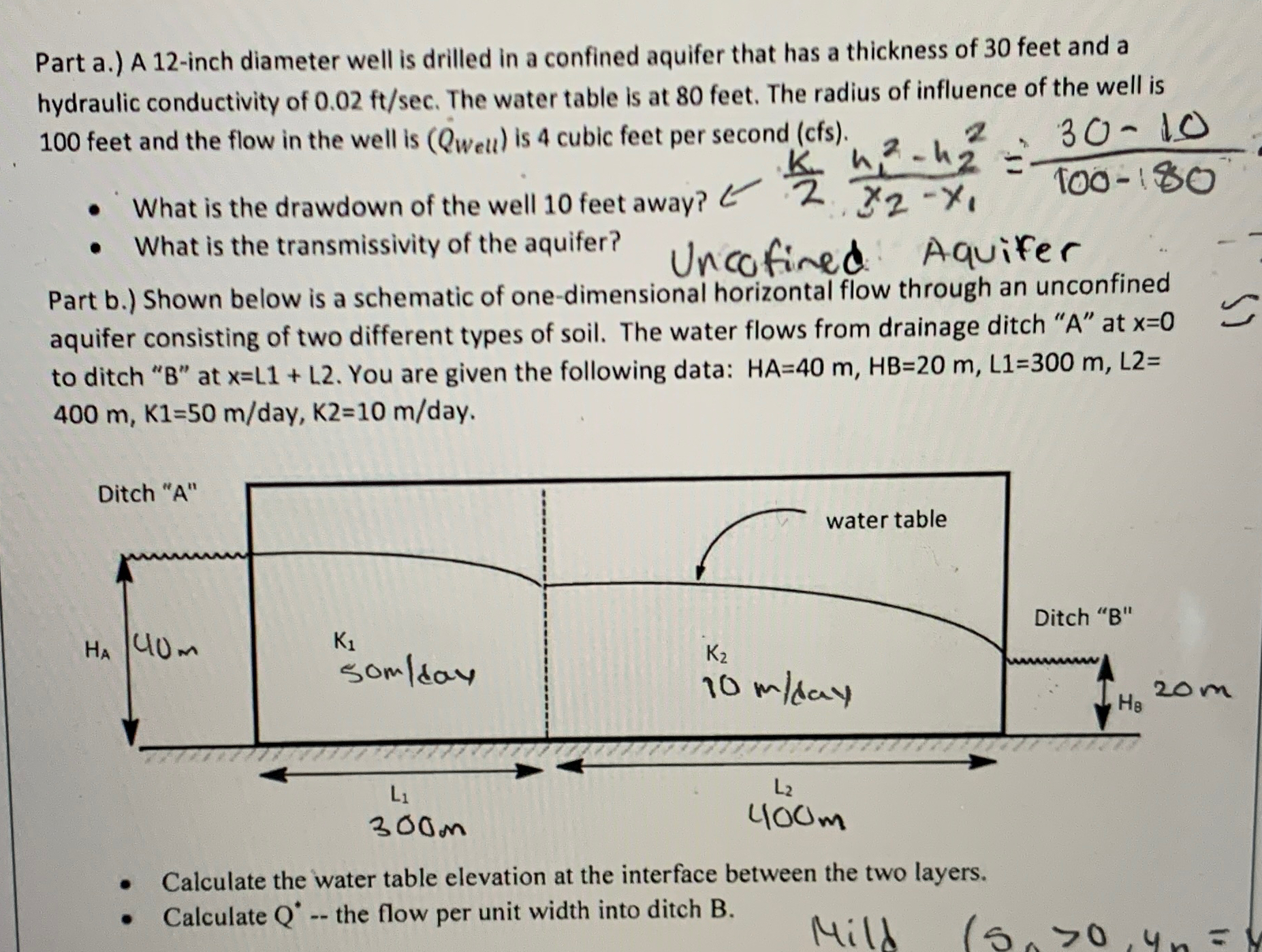 Part a . ) A 1 2 - inch diameter well is drilled