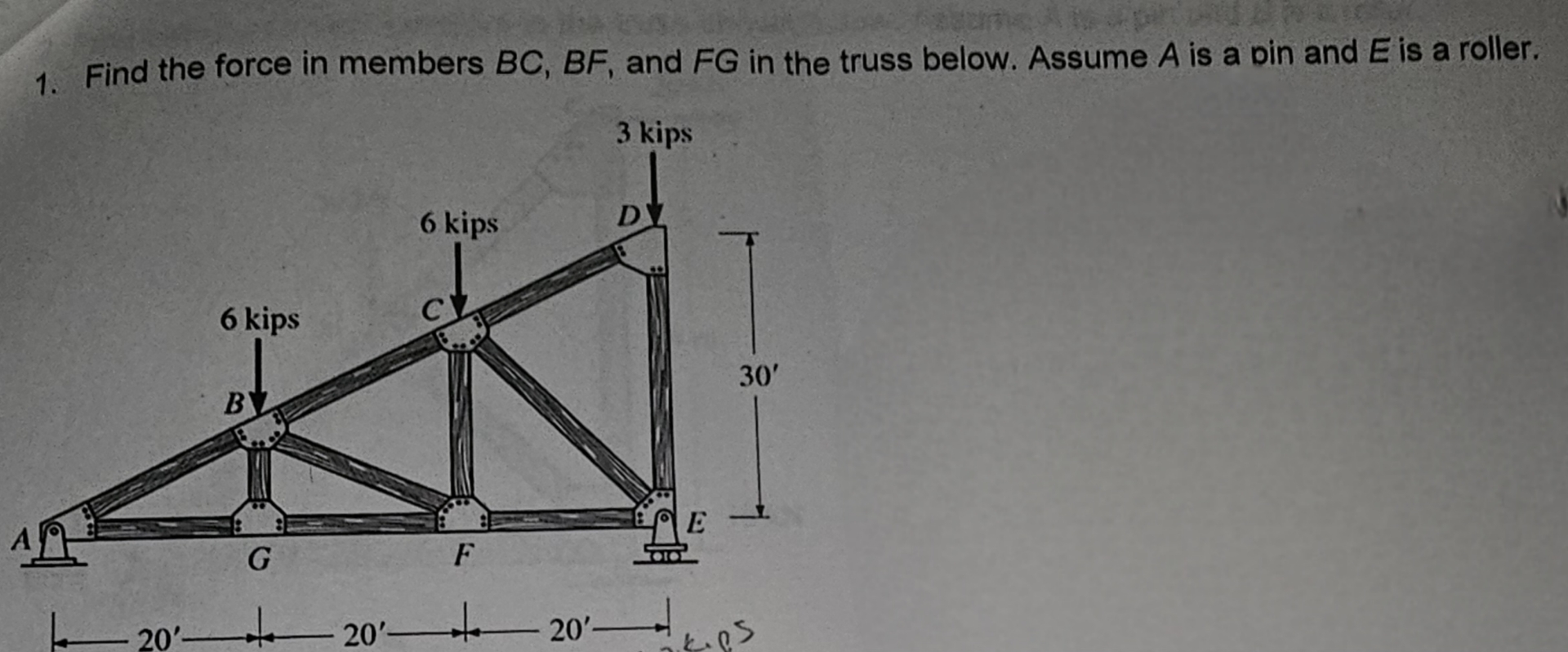 Find the force in members B C , B F , and F G in