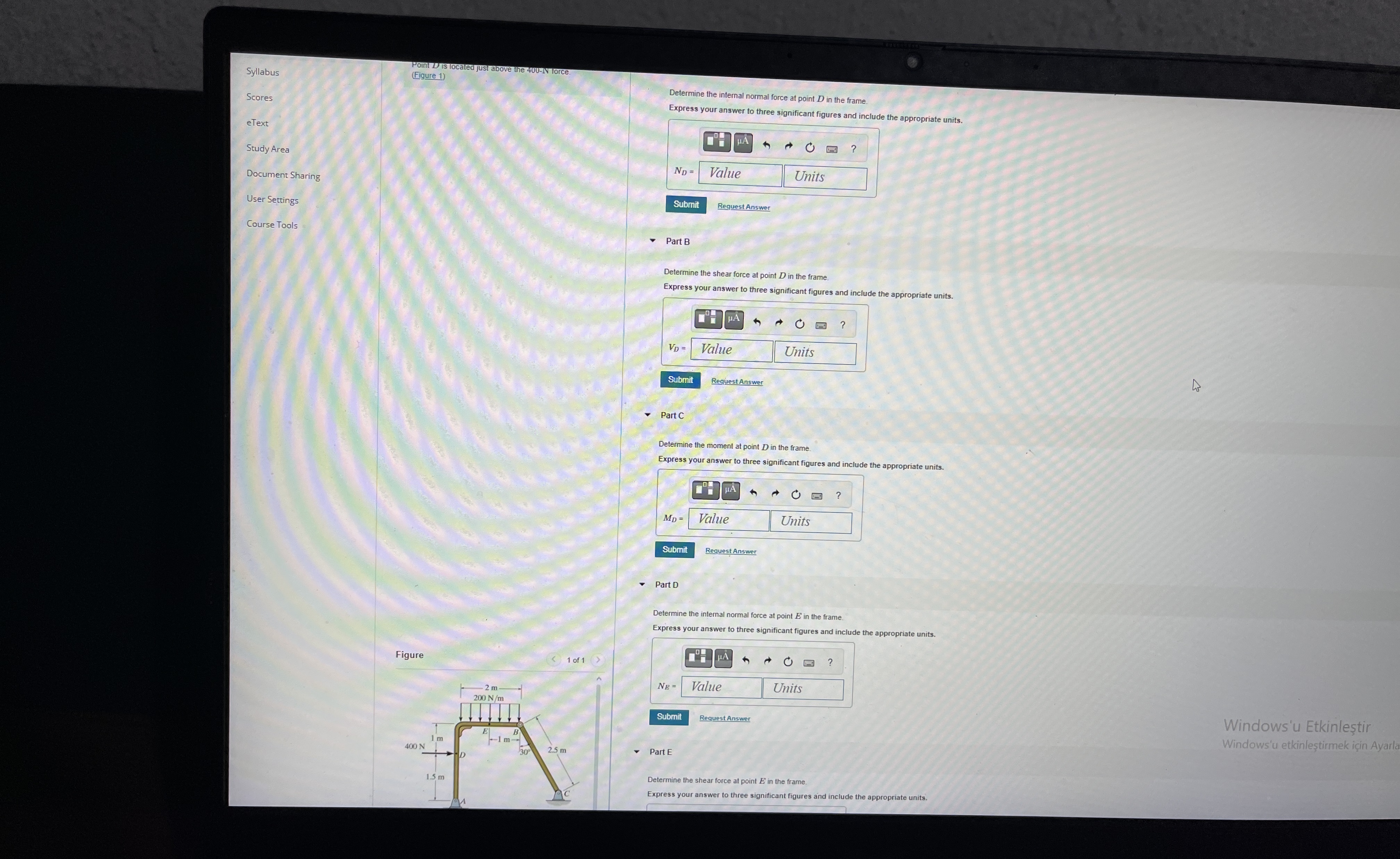 Determine the internal normal force at point D in